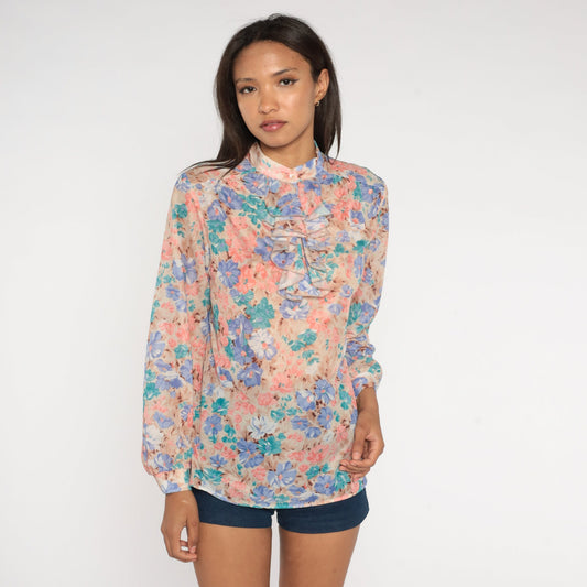 70s Floral Ruffle Tuxedo Blouse Pink Blue Button Up Long Sleeve Medium Large