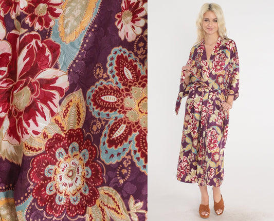 90s Purple Floral Midi Robe Tie Front Pajama Lounge Medium M