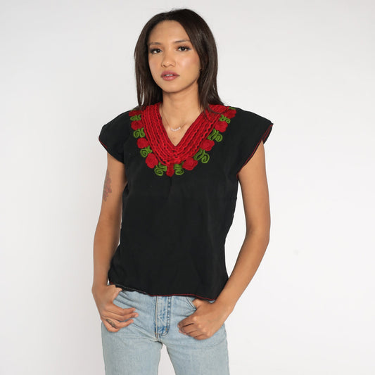 90s Mexican Embroidered Blouse Black Red Rose Tunic Cap Sleeve Medium