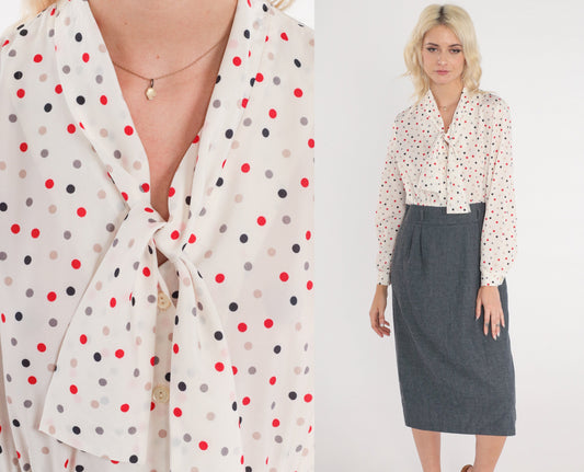 80s Polka Dot Ascot Midi Dress High Waisted Shirtwaist Grey White Medium
