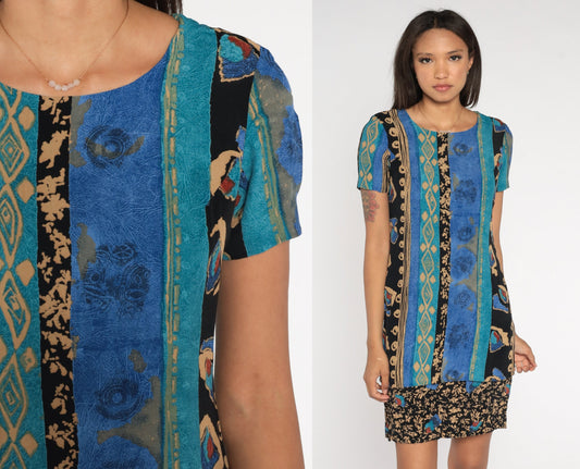 90s Geometric Striped Mini Dress Blue Black Shift Short Sleeve Extra Small