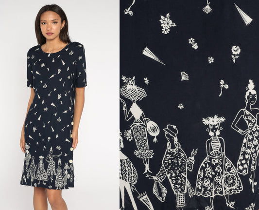 90s Floral Dress Black White Flower Print Midi Sheath Button Side Medium
