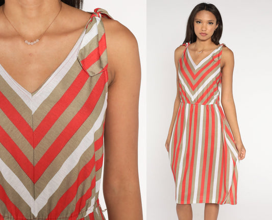 80s Striped Sundress Red Taupe White Sleeveless High Waist Tie Shoulder Small