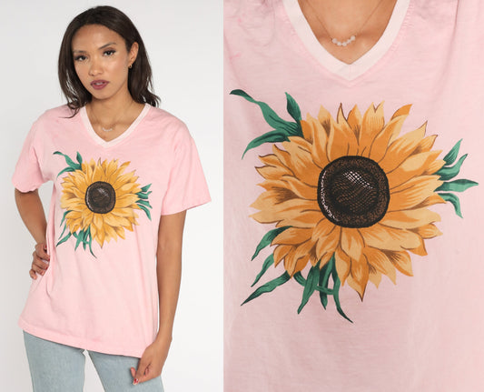 90s Sunflower Graphic T-Shirt Baby Pink V-Neck Cotton Tee Small