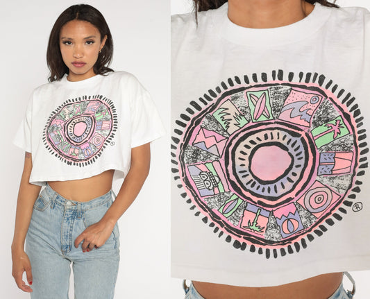 90s Crop Top White Beach Medallion Graphic T-Shirt Small