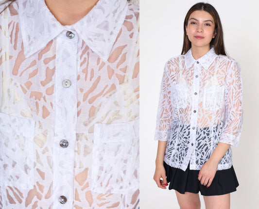 00s White Stag Sheer Burnout Blouse Animal Print Button-Up Small