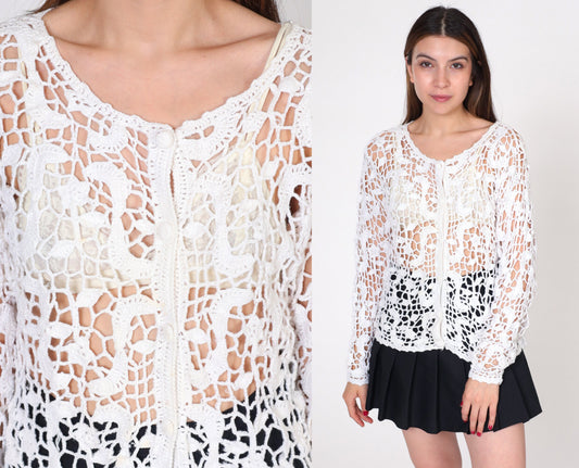 90s Forenza White Crochet Cardigan Open Weave Knit Button Up Small Medium