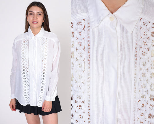 90s White Lace Cutout Button-Up Blouse Long Sleeve Extra Large