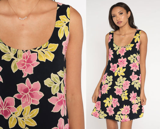 90s Black Tropical Floral Mini Dress Sleeveless Sundress Hibiscus Large L