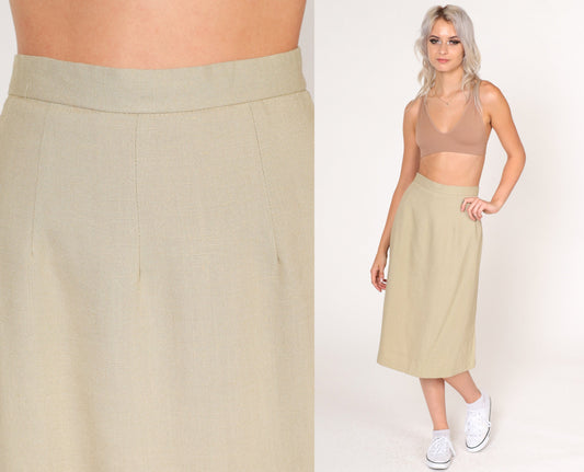 80s Khaki Midi Skirt High Waisted Pencil Tan Vintage Extra Small