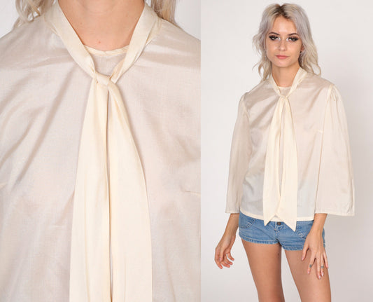 70s Necktie Blouse Cream Long Sleeve Button Back Shirt Small
