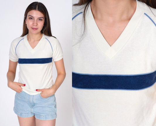 80s Mervyn's Terry Cloth V-Neck Raglan Tee Off-White Navy Stripe Extra Small