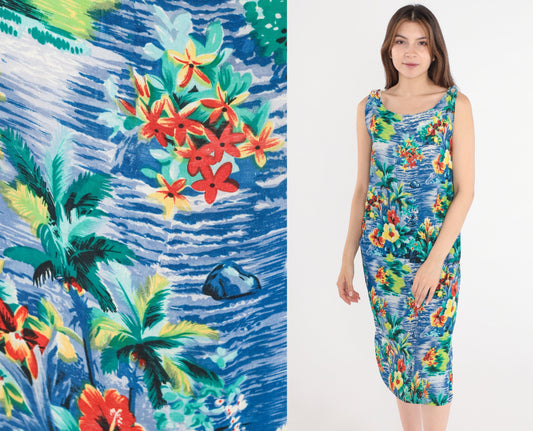 90s Hawaiian Tropical Floral Shift Dress Sleeveless Midi Blue Rayon Small