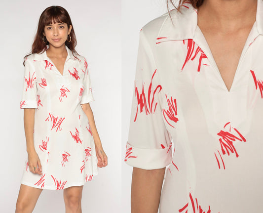 70s Mini Dress White Red Brushstroke Shift V-Neck Short Sleeve Small S