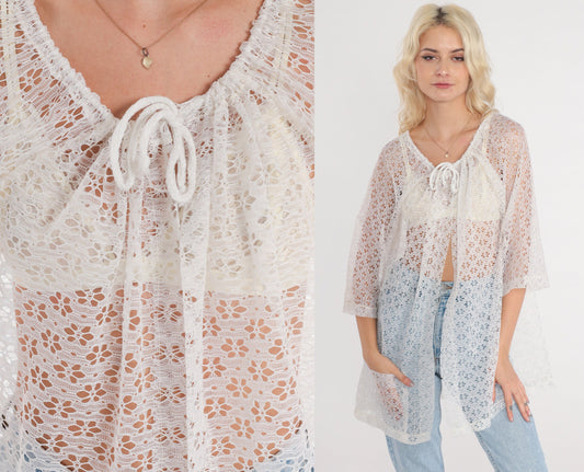 80s White Floral Lace Blouse Open Front Tie Neck 3/4 Sleeve Small