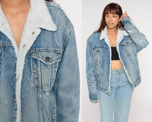80s Levi's Sherpa Denim Jacket Blue Distressed Trucker Men's Large 44