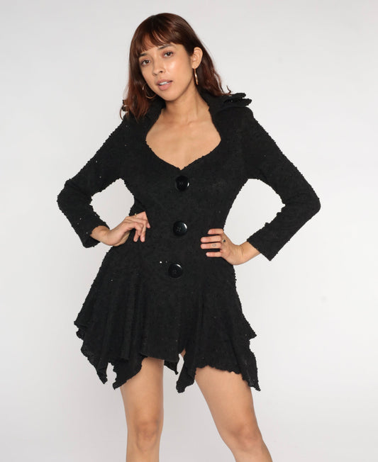 Y2K Black Sequin Knit Jacket High Low Plunge Button Up Extra Small XS