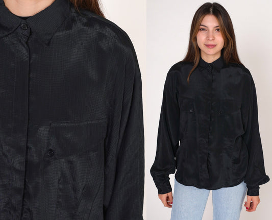90s Forenza Black Button-Up Blouse Shiny Striped Long Sleeve Collared Medium