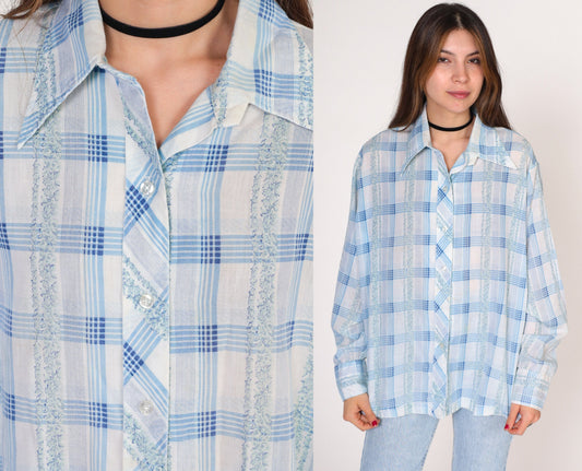 70s Checkered Floral Button-Up Blouse White Blue Plaid Long Sleeve Large L