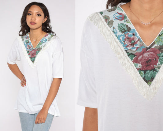 1990s Floral Studded Western Yoke T-Shirt White V-Neck Fringe Cowgirl Large
