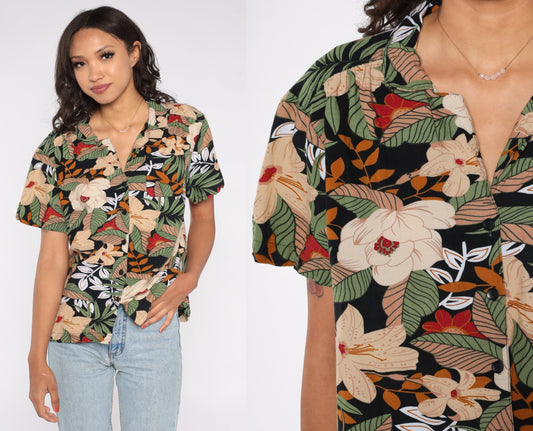 90s Tropical Floral Button Up Blouse Tan Leaf Print Short Sleeve Large L