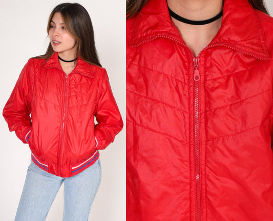 80s Red Quilted Convertible Jacket Zip-Off Sleeves Windbreaker Extra Small