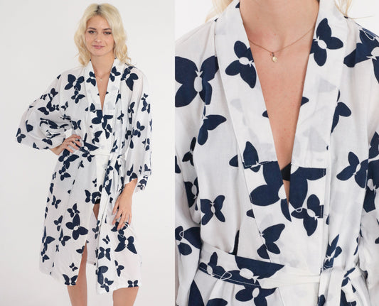 90s White Butterfly Kimono Robe Tie Front Cotton Mini Jacket Medium