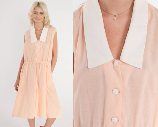 70s Peachy Pink Shirtwaist Dress Sleeveless Midi Collared Button-Up Medium