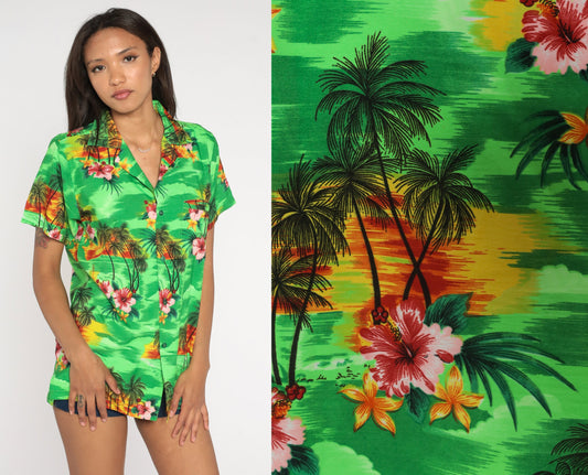 80s Neon Green Tropical Floral Hawaiian Button-Up Shirt Palm Tree Print Medium