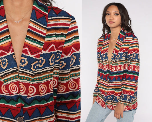 90s Southwestern Striped Blazer Red Blue Geometric Jacket Petite 8
