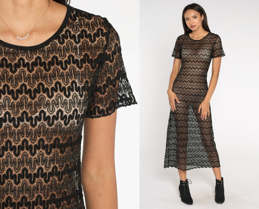 90s Black Metallic Lace Maxi Dress Short Sleeve Sheer Ankle Length Small