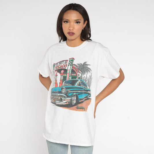 Y2K Route 66 Texaco Classic Car Graphic T-Shirt White Cotton Large L