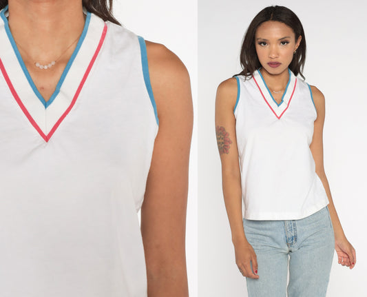 80s White Ringer Tank Top Red Blue Striped V-Neck Small