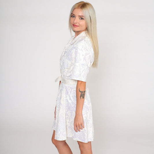 80s Floral Mini Shirtdress Cream White High Waisted Button Up Cotton Medium