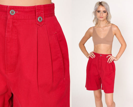 90s Liz Claiborne Red Pleated High-Waist Shorts Cotton Extra Small