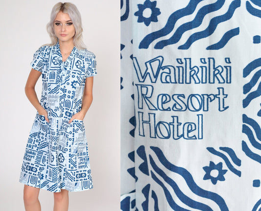70s Waikiki Hotel Resort Print Mini Dress Blue Puff Sleeve Small