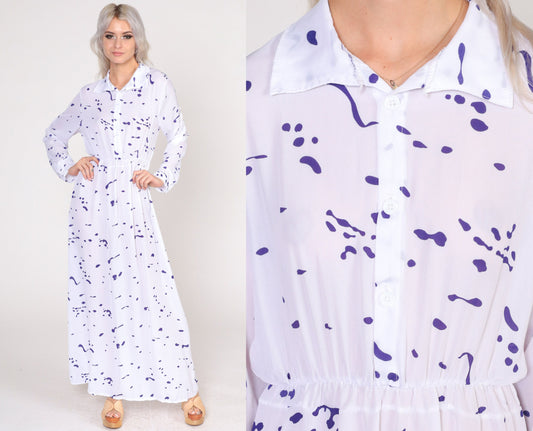 1970s Abstract Paint Splatter Maxi Dress White Purple Long Sleeve Shirtwaist Small