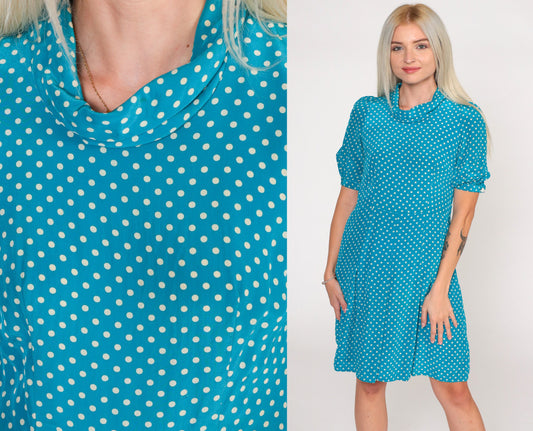 70s Blue Polka Dot Silk Shift Dress Puff Sleeve Mini High Waist Extra Small