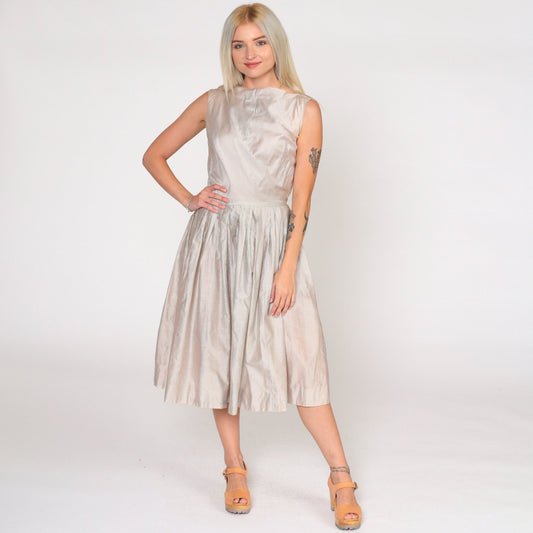 60s Frolic Time Pinstriped Pleated Midi Dress High Waist White Brown Small