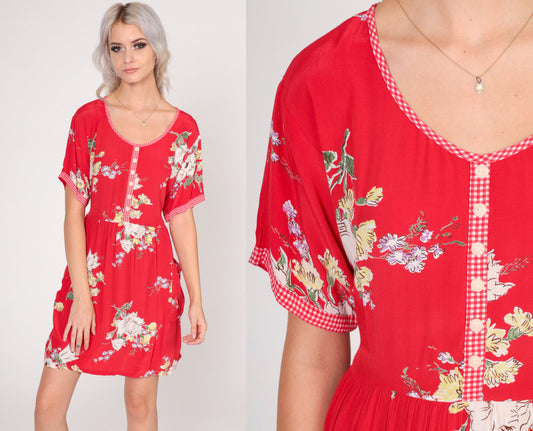90s Red Floral Mini Dress High Waisted Gingham Trim Pockets Small