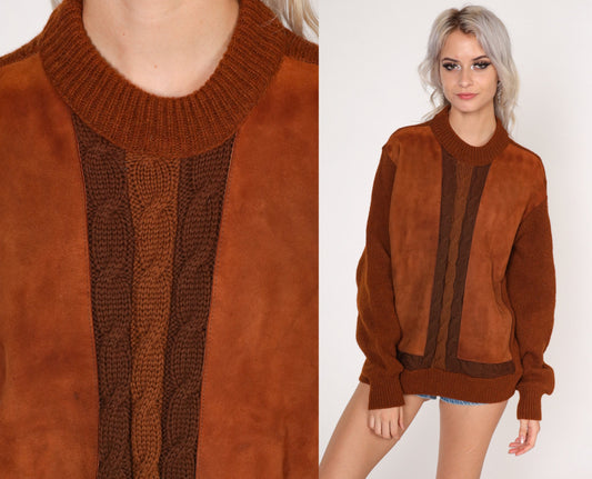 70s Cabot Brown Wool Cable Knit Sweater Faux Suede Panel Crewneck Medium