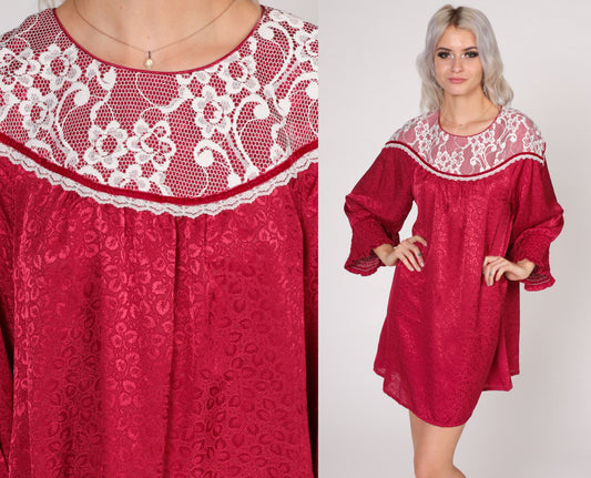 70s Red Mini Dress Lace Bib Embossed Leaf Print Long Sleeve Medium
