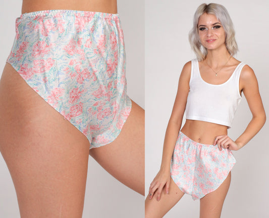 80s Courteney Floral Silk Sleep Shorts Dolphin Cut Pink Blue White Medium