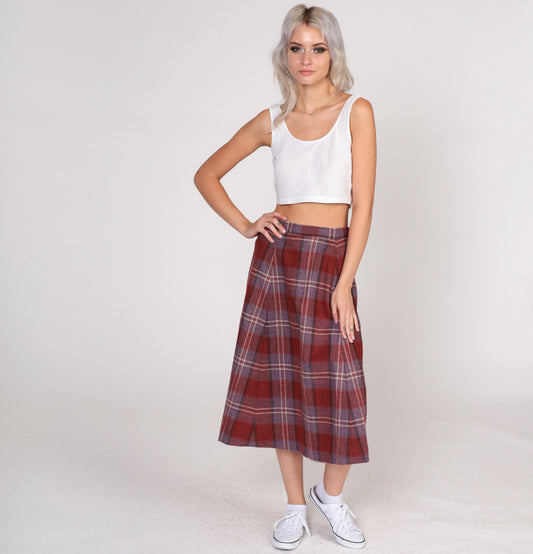 80s Rust Red Plaid Wool Midi Skirt High Waist A-Line Small