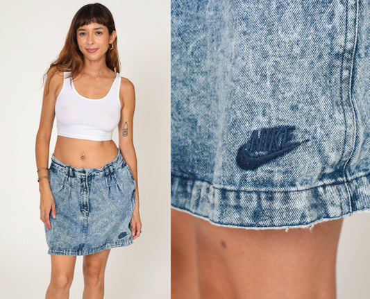 90s Nike Challenge Court Acid Wash Denim Mini Skirt High Waisted Blue Large L
