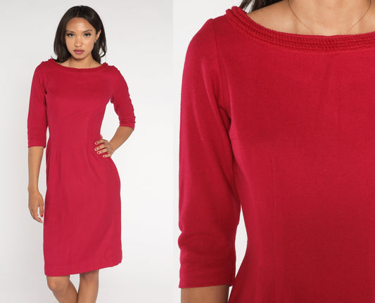 1960s Berry Wool Pencil Dress High Waist 3/4 Sleeve Knee Length Small