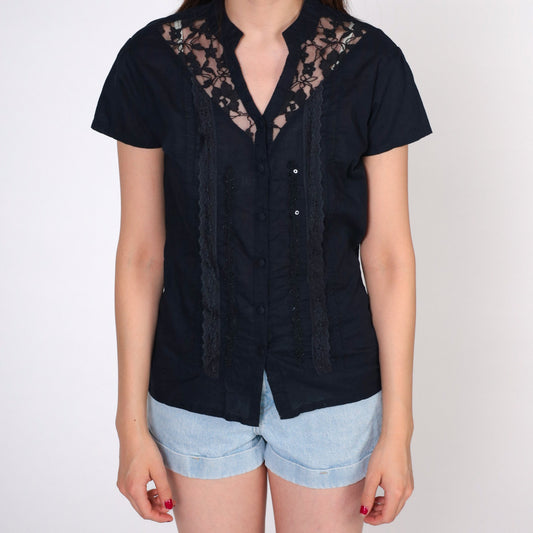 00s Black Lace Beaded Sequin Button-Up Blouse V-Neck Short Sleeve Small