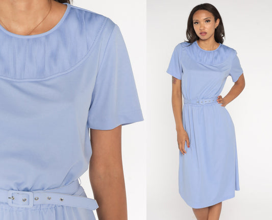 80s Periwinkle Midi Dress High Waisted Belted Short Sleeve Blue Large L