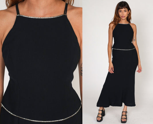 90s Jones New York Black Maxi Dress Rhinestone Racerback Spaghetti Strap Small