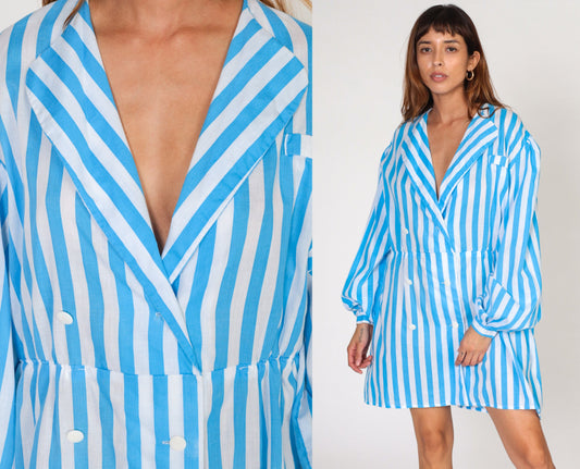 80s Striped Mini Dress Blue White Double Breasted Puff Sleeve Collared Large
